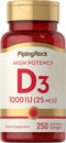Piping Rock Vitamin D3 1000 IU, 250 Softgels, Non-GMO, Gluten Free Supplement