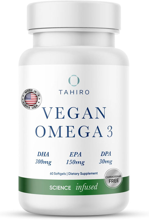 TAHIRO Vegan Omega-3 Softgels - Plant-Based Supplement with DPA, DHA & EPA for Brain Health - 1000mg