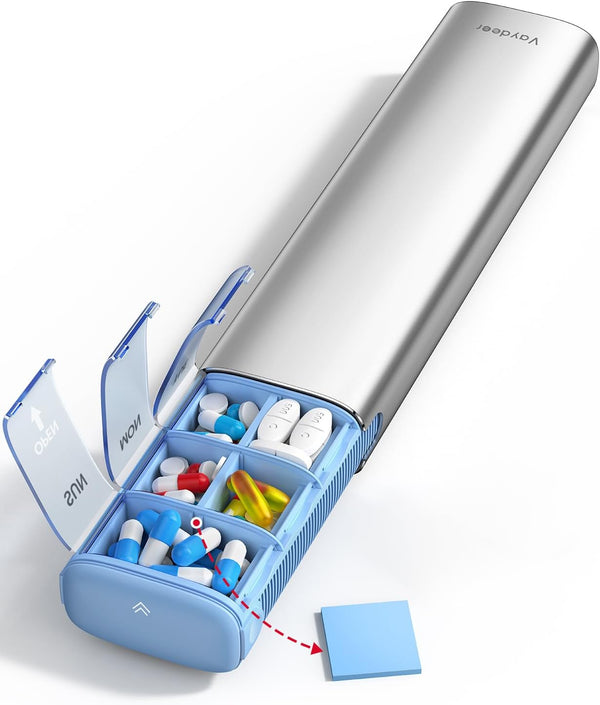 Vaydeer Metal Travel Pill Organizer, 7 Day Weekly Pill Box, Large Capacity Daily Cute Pill Case for Supplements, Pills,