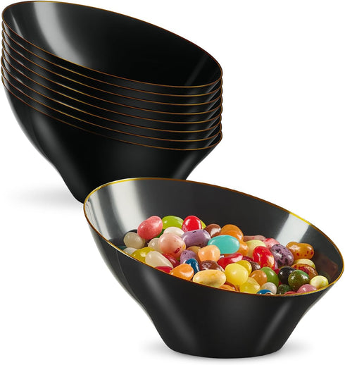 PLASTICPRO Angled Plastic Bowls, Disposable Small Black Serving Bowls with Gold Rim for Party Appetizer Salads, Pack of