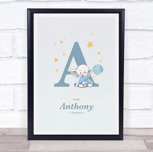 The Card Zoo New Baby Birth Details Christening Nursery Blue Elephant Initial A Gift Print