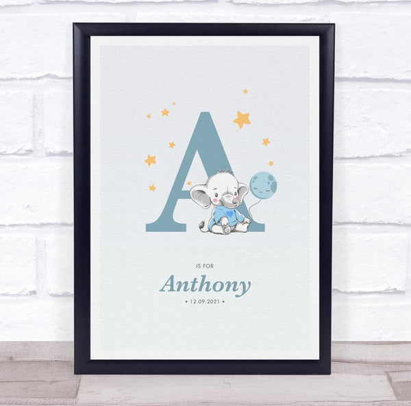 The Card Zoo New Baby Birth Details Christening Nursery Blue Elephant Initial A Gift Print