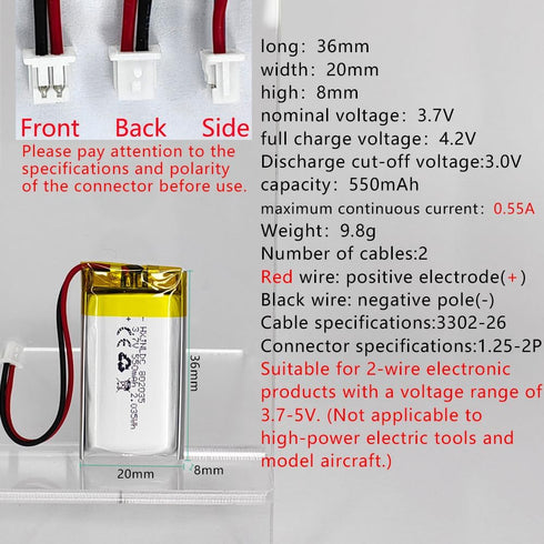 HXJNLDC 3.7V 550mAh 802035 3.7-5V 2-Wire DC Rechargeable Lithium Polymer Battery, Suitable for DIY Electronic Products
