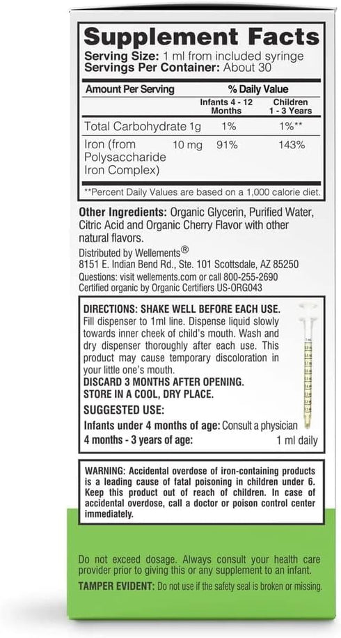 Wellements Organic Iron Drops for Newborn+ Babies (1 Fl Oz) - Cherry Flavor Liquid Iron Supplement for Infants -