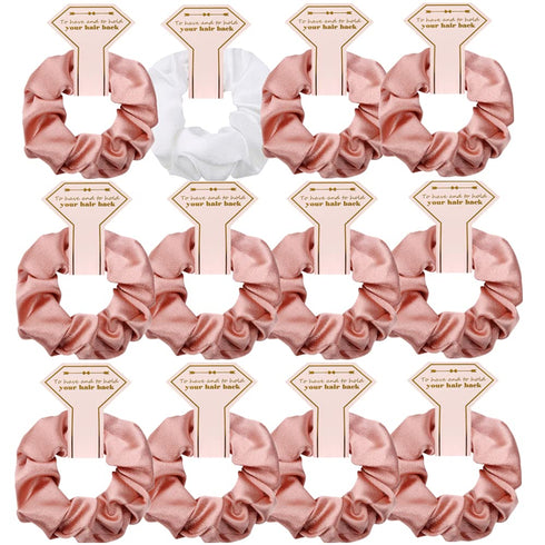 Satin Bridesmaid Scrunchies, 12 Pack Proposal Gifts Hair Ties for Bachelorette Party Favors, White & Rose Gold