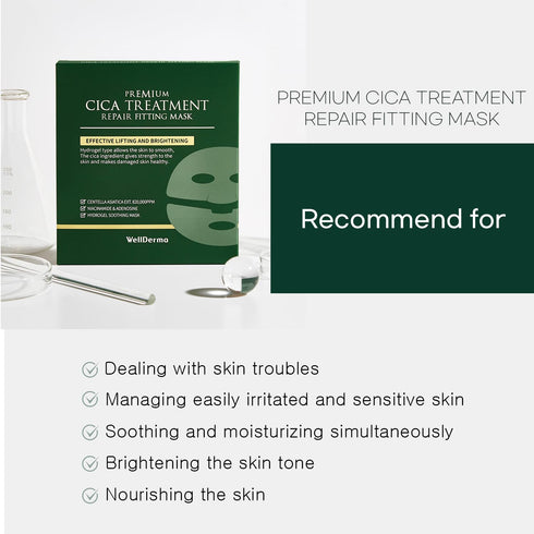 WELLDERMA Premium Cica Mask Treatment, 4 Sheets Hydrogel for Sensitive Skin, Firming & Soothing Face Care