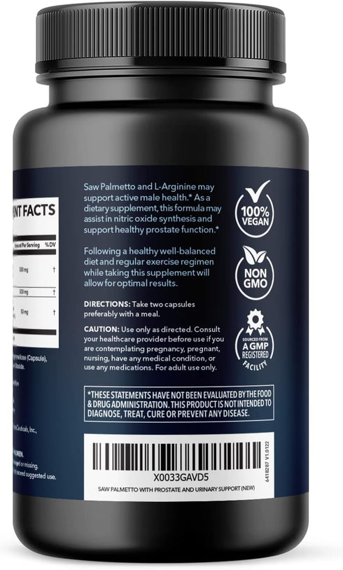 Saw Palmetto for Men with L Arginine Supplement - Hair Health & Male Support, 60 Male Pills with Plant-Based Ingredients