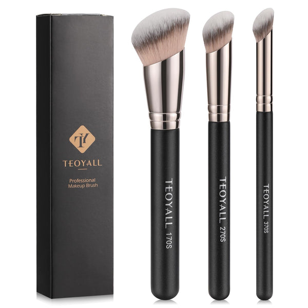 TEOYALL Foundation Contour Conceal Brush Set, 3PCS Angled Synthetic Kabuki Brushes for Blending