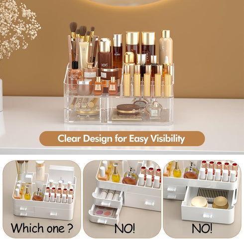 Makeup Organizer for Vanity, Large Acrylic Desk Holder with Drawers, Ideal for Cosmetics, Lipsticks, Nail Polish,
