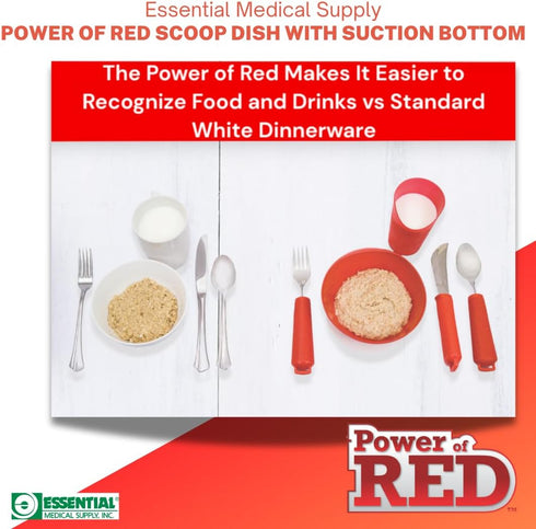 Rimmed Essential Medical Supply Power of Red Adaptive Scoop Dish with Suction Cup Bottom and Side for Easier Eating