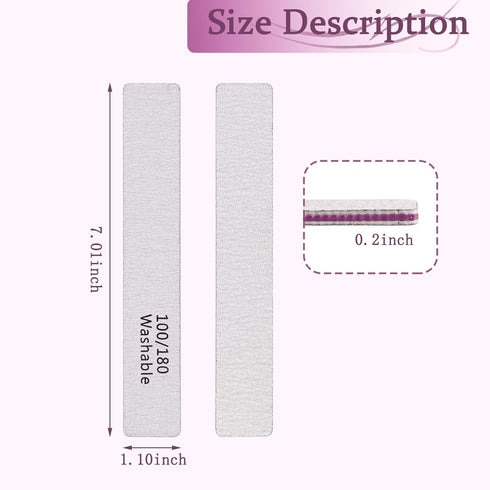 Nail File 12 PCS Professional Reusable 100/180 Grit Washable Tools for Poly Nail Extension Gel and Acrylic