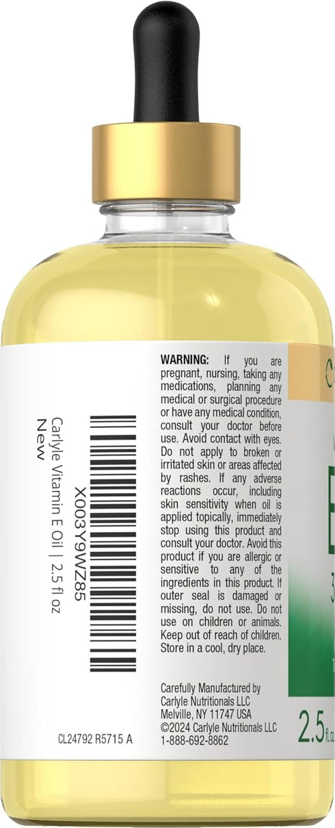Carlyle Vitamin E Oil 30,000 IU, 2.5 fl oz, Moisturizing for Skin, Ingestible & Topical Grade, Non-GMO