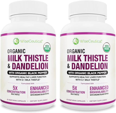 Max Absorption USDA Organic Milk Thistle - Potent 5:1 Concentrated Extract (2000mg Strength) & Organic Dandelion Root,