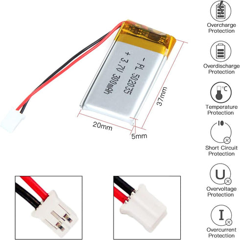 YTKavq 3.7V 300mAh 502035 2P 2.0mm Battery Lithium Polymer Ion Rechargeable Li-ion Li-Po Battery with PH Pitch