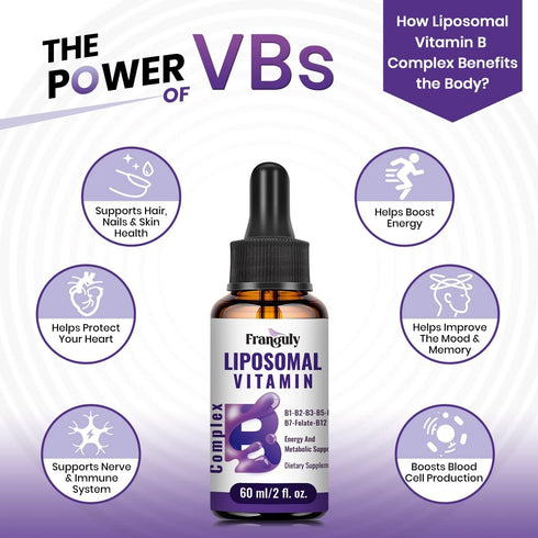 Liposomal Vitamin B Complex Liquid Sublingual Supplement for Women Men - Improved Absorption Methylated B12, B1, B2,