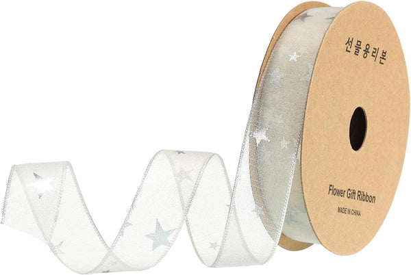 MECCANIXITY 1 Inch Wide Star Organza Sheer Wired Ribbon, 20 Yard Cream White for Gift Wrapping, Bow, Wedding