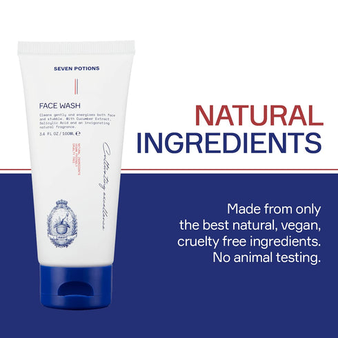 SEVEN POTIONS Face Wash for Men 3.4 FL OZ, Gentle Facial Cleanser for All Skin Types, Natural, Vegan, Cruelty Free