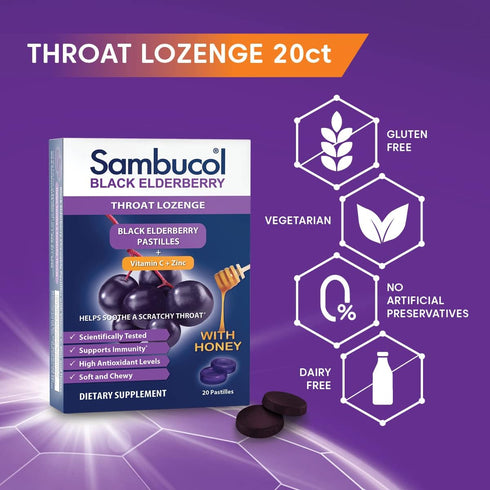 Sambucol Black Elderberry Throat Lozenge with Honey, Vitamin C & Zinc, 20 Count, 2-Pack, Soothes Sore Throat