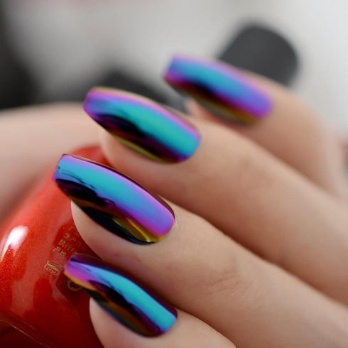 Super Holographic Blue Purple Coffin Nails - Mirror Chrome Square Ladies Fake Nails Quality Tips for Fingers