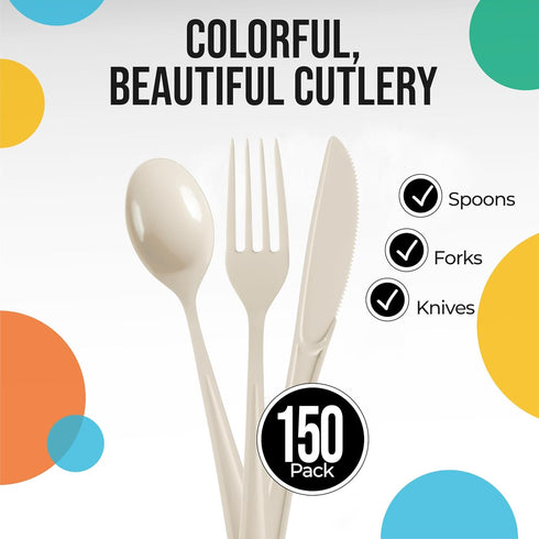 150 Pack Ivory Plastic Cutlery Set, Plastic Silverware Heavy Duty, Plastic Utensil Sets, 50 Plastic Forks 50 Plastic Spoons 50 Plastic Knives Disposable Cutlery Set For Party Supplies Exquisite by Exquisite