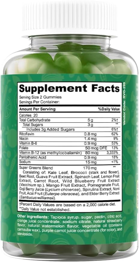Gummies Immunity 60 Gummies Super Greens - Green Superfoods Supplement with Spinach, Broccoli, Kale, Beet Root