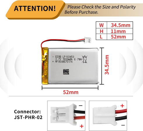 EEMB 3.7V Lithium Ion Battery 1800mAh 103450 Rechargeable Pack with Wire JST Connector for Speaker