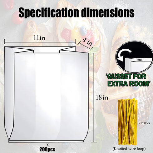 PEOKPIPLE 200 Pack Bakeries11"x4"x18" Reusable Bread Bags for Homemade Bread & Sandwich Bread Clear Plastic Storage