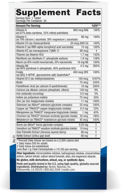 Immunity 20 30 30 Nordic Naturals Mens Multivitamin One Daily - Bone, Energy, & Blood-Vessel Support - Supplement