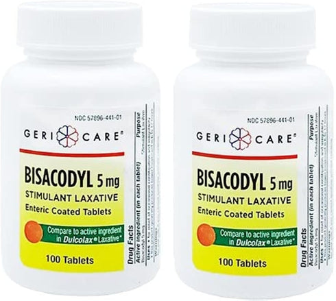 GeriCare Bisacodyl 5 mg Laxative Coated Tablet, Generic for Dulcolax, 100 Count, Pack of 2