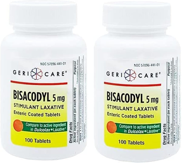 GeriCare Bisacodyl 5 mg Laxative Coated Tablet, Generic for Dulcolax, 100 Count, Pack of 2