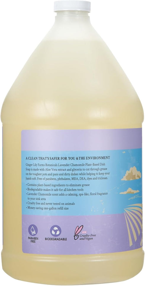 Ginger Lily Farms 1 Gallon Plant-Based Liquid Dish Soap, Concentrated Lavender Chamomile Scent, Cruelty-Free
