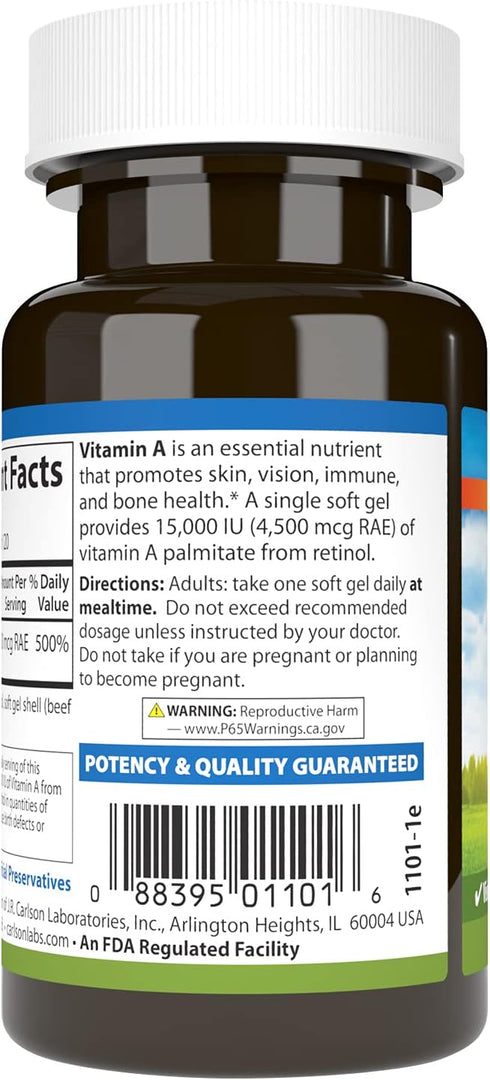 Carlson Vitamin A 15000 IU Palmitate (4500 mcg RAE), 120 Softgels | Vision Health and Healthy Skin