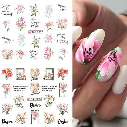12 Sheets Lily Flowers Nail Stickers, Water Transfer Decals for Spring Floral Nail Art Design
