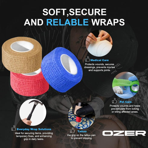 OZER 12 Pack 1 Inch 5 (1 1lnch) x Yards Self Adhesive Bandage Breathable Cohesive Bandage Wrap Rolls Elastic