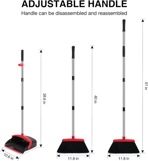 Broom and Dustpan Set, 52-in Long Adjustable Handle Broom with Dustpan Teeth for Home Kitchen Office Floor (Black&Red)