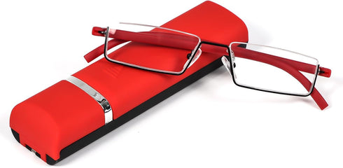REAVEE Stylish Half Frame Reading Glasses for Women, Lightweight Rectangle Metal Portable Readers with Cases, Red +1.0