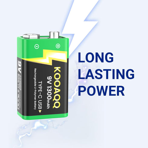 KOOAQQ 6-Pack 9v 2 1 1300mAh 9 Rechargeable Batteries, USB-C Recharge with in Charging Cable, Volt Lithium Quare
