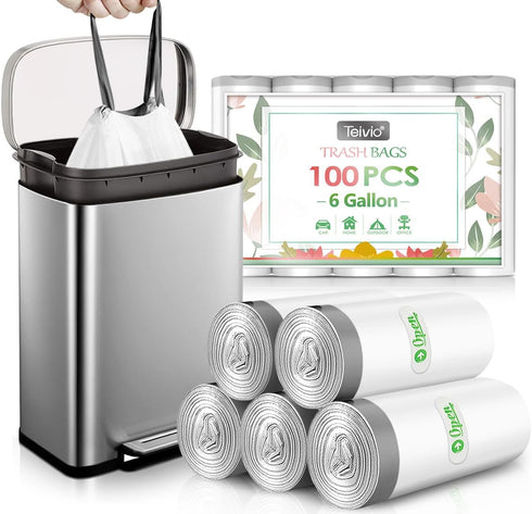 Teivio 6 Gallon Strong Drawstring Trash Bags, 100pcs, Bathroom Trash Can Bin Liners for Home Office Kitchen