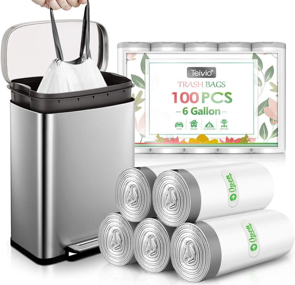Teivio 6 Gallon Strong Drawstring Trash Bags, 100pcs, Bathroom Trash Can Bin Liners for Home Office Kitchen