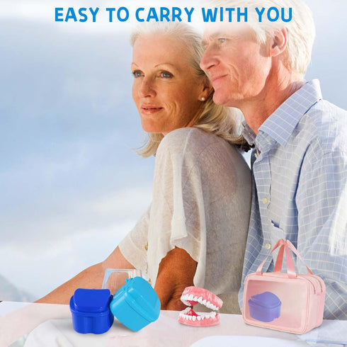 3 Pack Denture Bath Case Cup Holder Storage with Strainer Basket for Travel Cleaning (White, Blue, Light Blue)