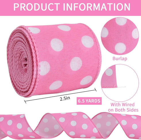 TONIFUL 2.5 Inch Wired Edge Ribbon, Baby Pink Polka Dots Burlap Ribbon for Gift Wrapping, Wreath Bows Making