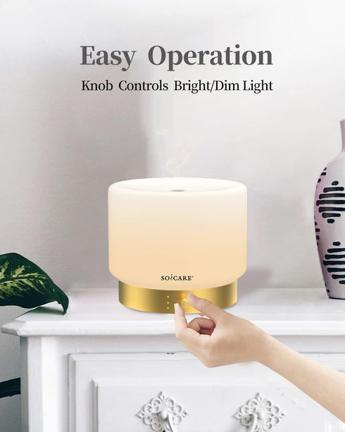 Humidifier,Dimmable (280ML) Glass Diffuser with Luxury Alloy Base(Gold), All-in-one Room Decor Aromatherapy Oil