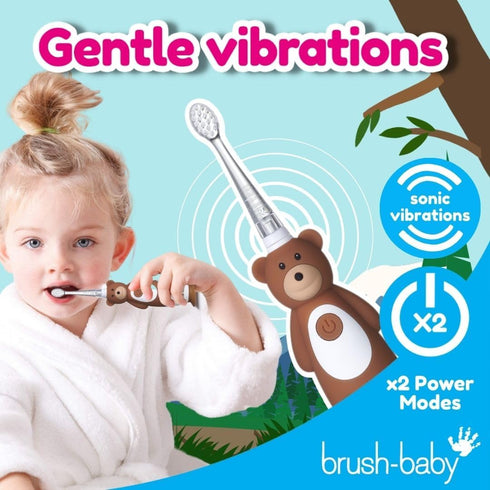 brush-baby WildOnes Kids Electric Rechargeable Toothbrush Bear - 1 Handle, 3 Brush Heads, USB Charging Cable (Ages 0-10)