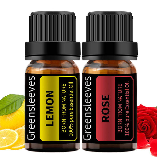 GREENSLEEVES Rose Lemon Essential Oil Set, 100% Pure Aromatherapy Oils for Diffuser, Massage - 2 x 10ml
