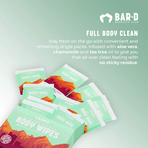 Bar-D Cleansing Face & Body Wipes for Women and Men, Biodegradable Shower Wipes with Tea Tree Oil & Aloe Vera (20 Count)