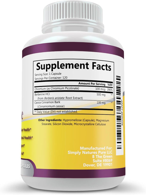 Simply Natures Pure Premium Berberine HCl 500mg - 120 Capsules for Cardiovascular, Gastrointestinal Support