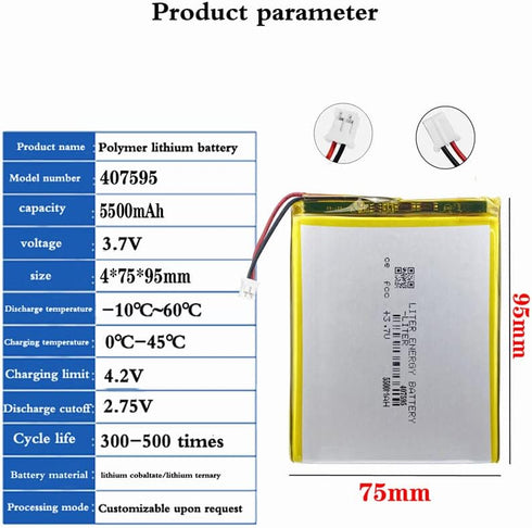 3.7V 407595 5500mAh Lithium Polymer ion Battery Rechargeable Polymer Battery Pack with JST 2.0mm Connector