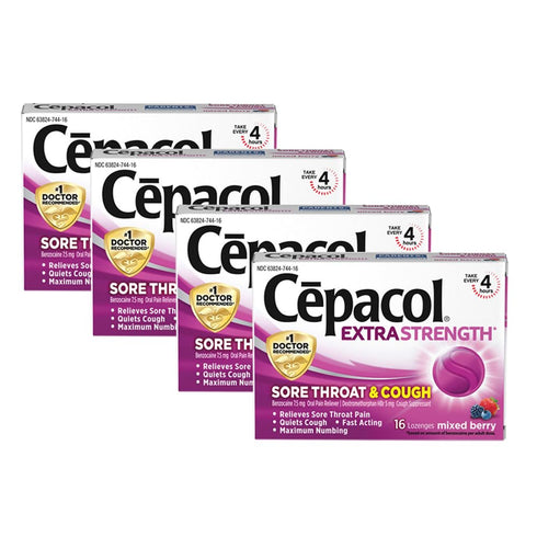 Cepacol Extra Strength Sore Throat & Cough Relief Lozenges, 16 Count, Mixed Berry Flavor, Pack of 4