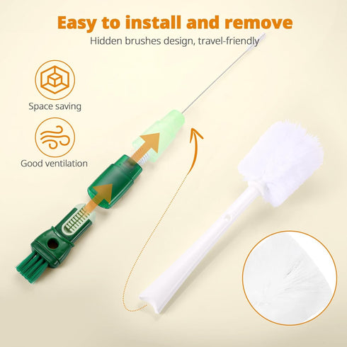 OUTXE 5 Pack Bottle Brush Set, 5-in-1 Water Bottle Cleaner, 15" Long Handle, 3 Straw Brushes, Detail Brush