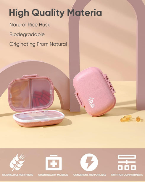 Holii Portable Travel Pill Organizer, 8 Compartments Daily Pill Box for Vitamins, Small Medicine Container (Pink)